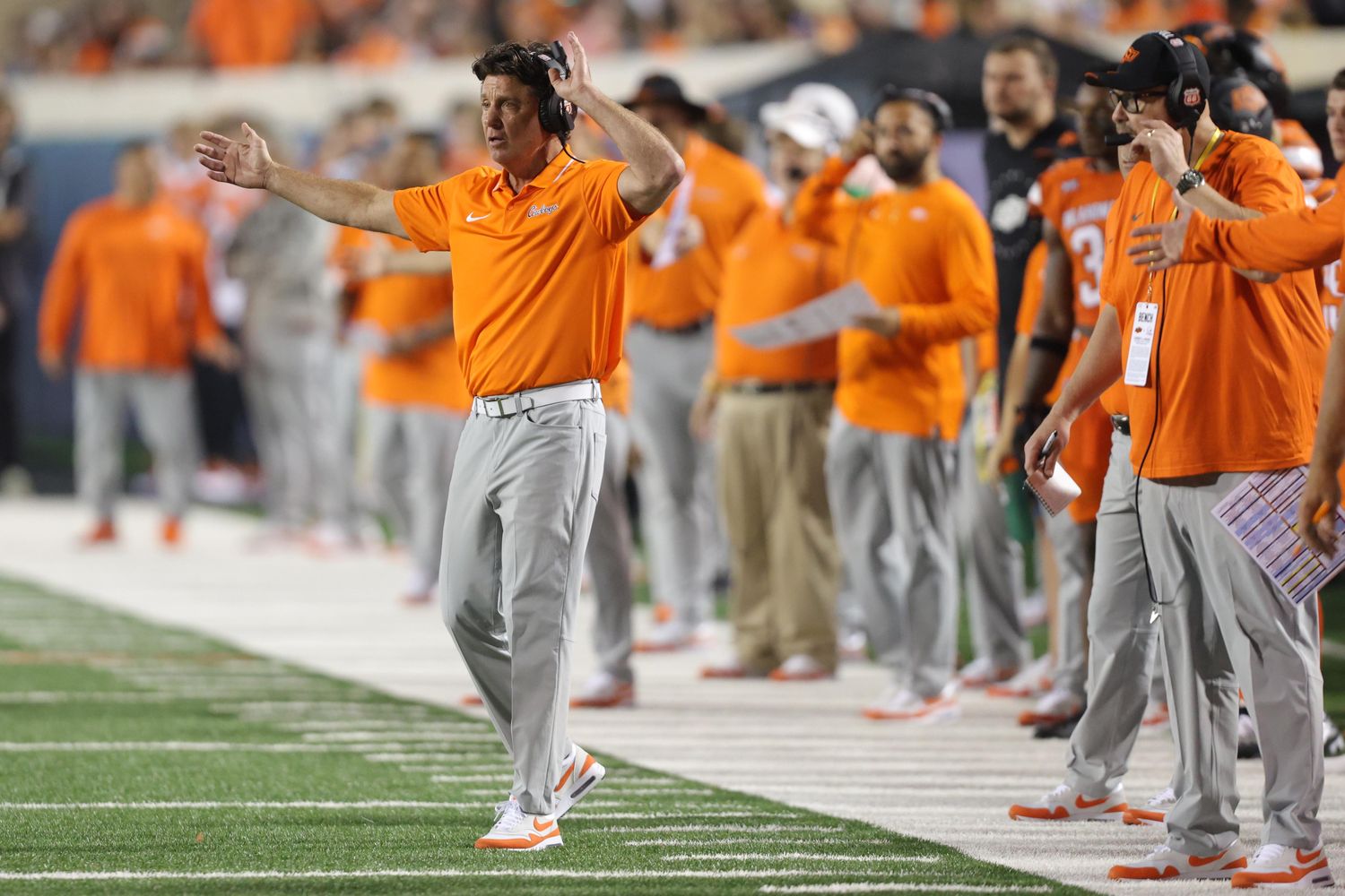 Sep 16, 2023; Stillwater, Oklahoma, USA; Oklahoma State coach Mike Gundy gestures during an NCAA football game between Oklahoma State and South Alabama at Boone Pickens Stadium. South Alabama won 33-7. Mandatory Credit: Bryan Terry-USA TODAY Sports